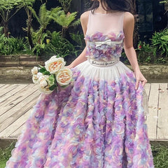 Lizakosht Purple Rose Flower Dress Women Summer Sleeveless Elegance Dresses Party Ladies Mesh Patchwork Vintage Clothing Female
