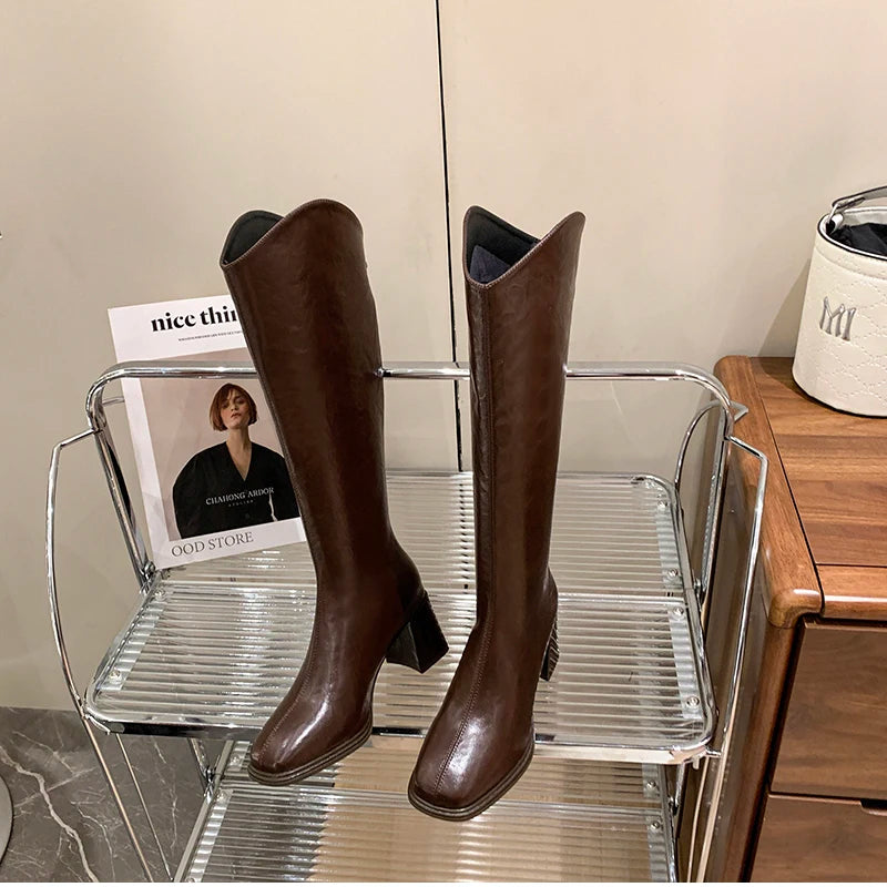 LIZAKOSHT  -  Autumn Winter Thick High Heels Women Knee High Boots Fashion Stretch Slim Modern Long Botas Para Mujer