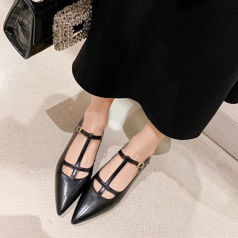 LIZAKOSHT  -  Fashion Women Shoes New High Quality True Leather T-shaped Buckle Pointed Low Heel Leather Shoes Summer Light Shoes