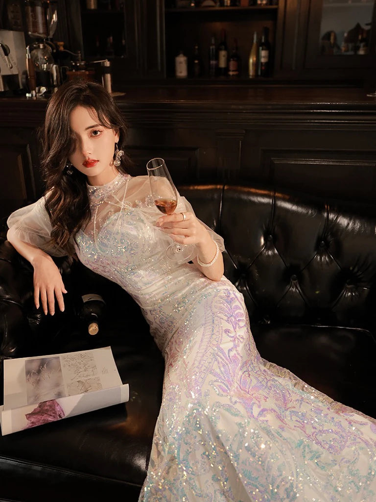 LIZAKOSHT  -  Mermaid Sequin Celebrity Dresses Bling Bling Latern Sleeve Beading Luxury Women Zipper Party Sexy Long Wedding Prom Gowns New