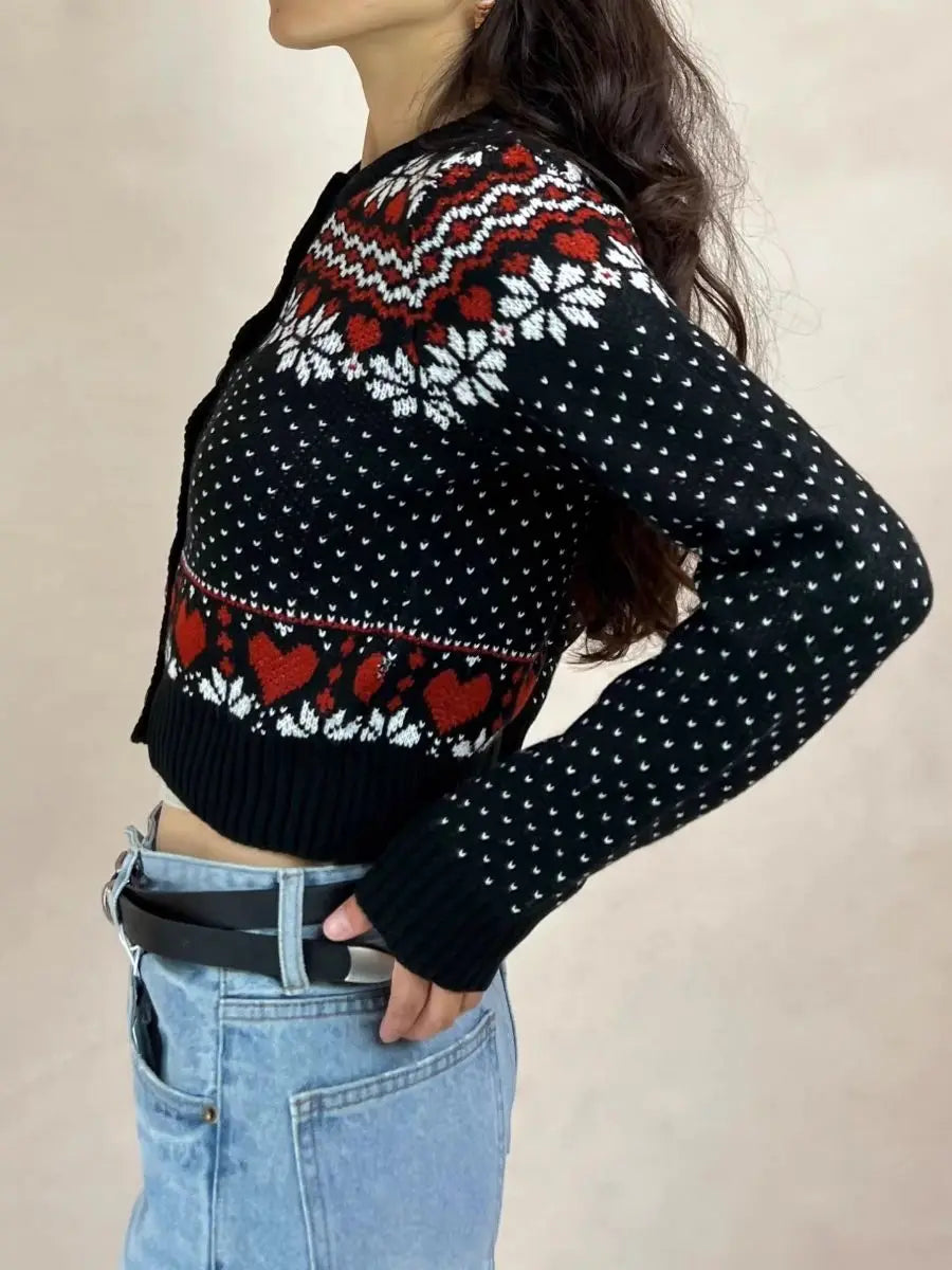 LIZAKOSHT  -  Geometric Jacquard Sweater Cardigan Woman O-neck Long Sleeve Slim Crop Top Female Casual Vintage Sweet Sweaters Autumn New Coat