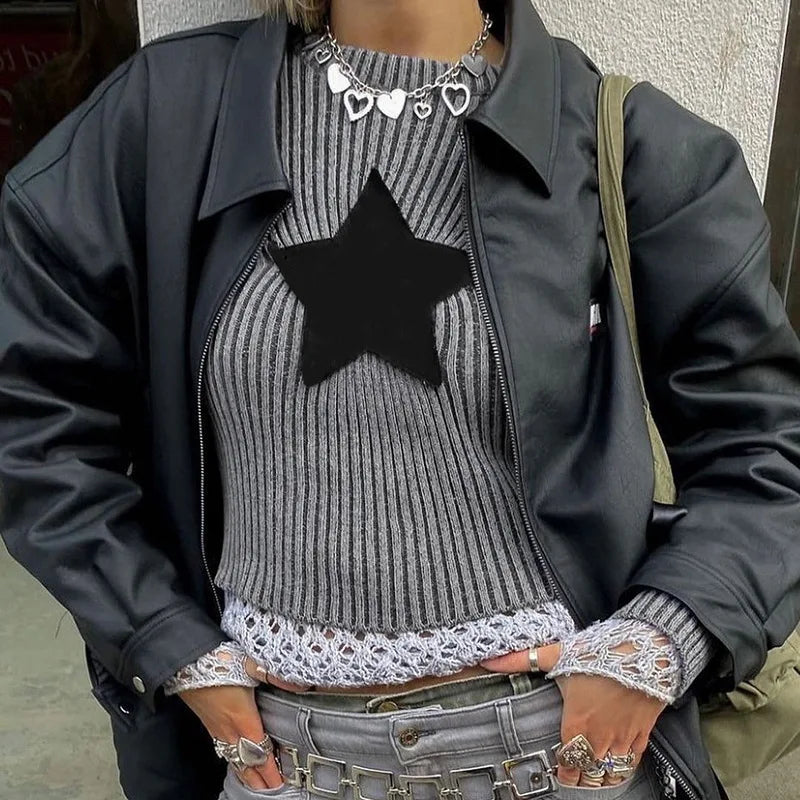 LIZAKOSHT  -  Autumn Fashion Star Patchwork Cropped Sweater Y2k Aesthetics Slim Tops Vintage Pullover Harajuku All Match Knitted Jumpers