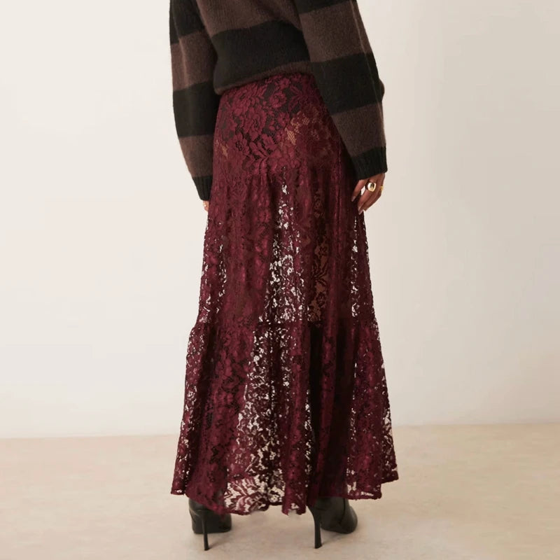 LIZAKOSHT  -  Y2k Vintage Floral See-Through Maxi Skirt Aesthetic Clothes Lace Sheer A-Line Skirt Women High Street Beach Vacation