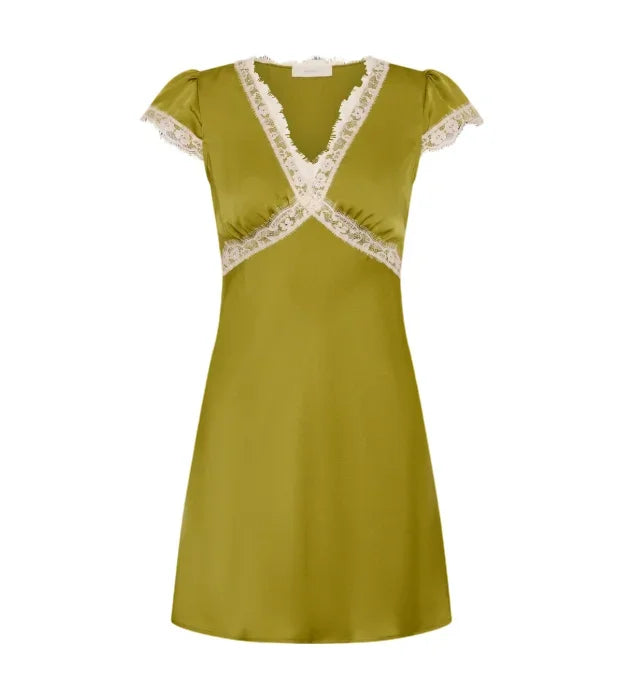 LIZAKOSHT  -  Women's Lace Trim Satin Mini Dress V Neck Puff Short Sleeve Empire Waist A-line Short Dresses Casual Elegant Lady Vestidos