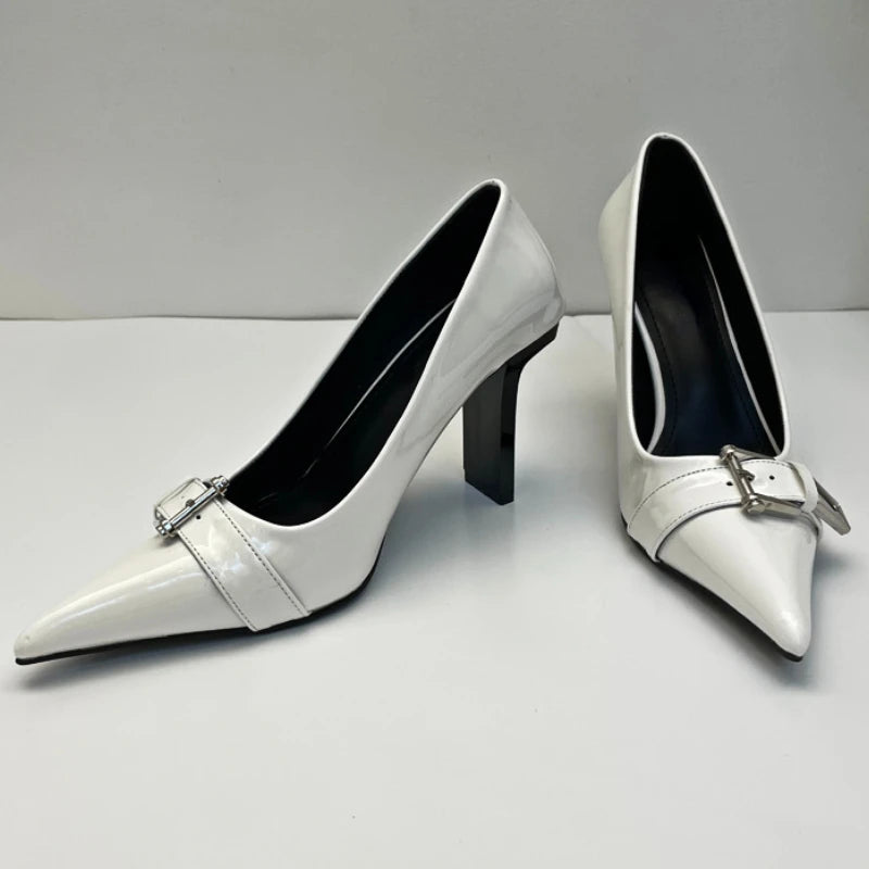 LIZAKOSHT  -  Patent Leather Sexy High Heels Women Metal Buckle Pointed Designer Pumps Female Fall Fashions Elegant Office Women Shoes