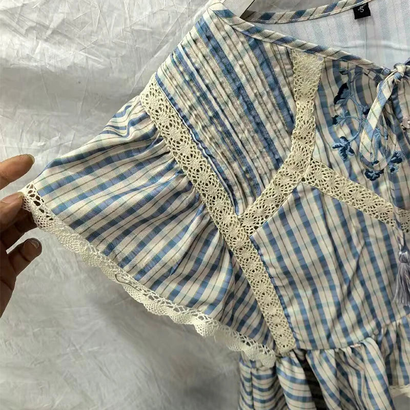 LIZAKOSHT  -  Embroidered Plaid Ruffle  Top Round Neck Uneven Flounce Hem Spring Summer Picnic  Lady Women Cottage Vintage Sweet  Outfit