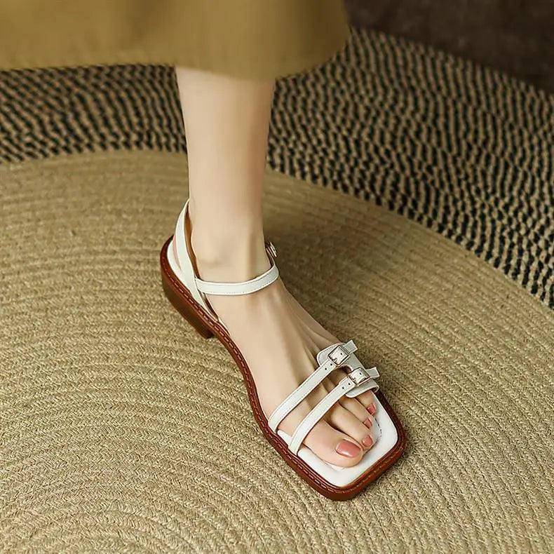 LIZAKOSHT  -  new summer double buckle women sandals retro low heel narrow band gladiator sandalias mujer dress shoes summer footwear