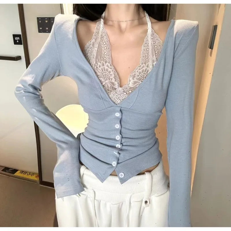 LIZAKOSHT  -  Summer New Lace Neck Hanging V-neck Base Shirt Sexy Long Sleeved T-shirt for Spicy Women Neck Hanging Slim Fit Top