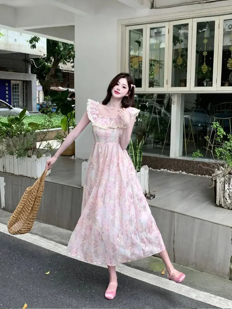 LIZAKOSHT  -  Beautiful Lace Square Neck Small Flying Sleeve Floral Dress with Temperament Waist-hugging and Slimming A-line Long Skirt