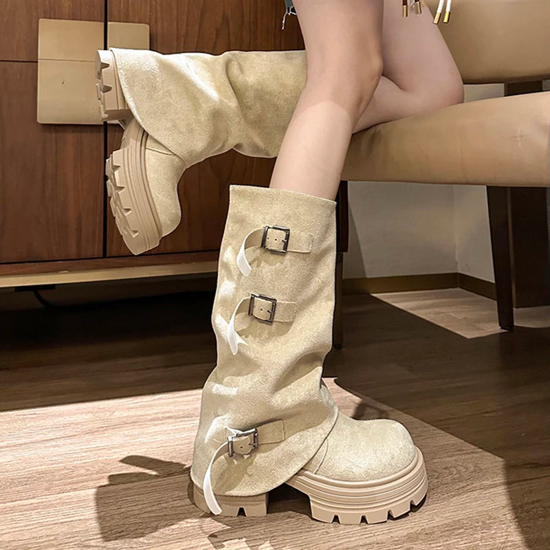 LIZAKOSHT  -  Winter Fashion Platform Thick Heel Woman Knight Boots Fashion Belt Buckle Slip On Mid Calf Booties