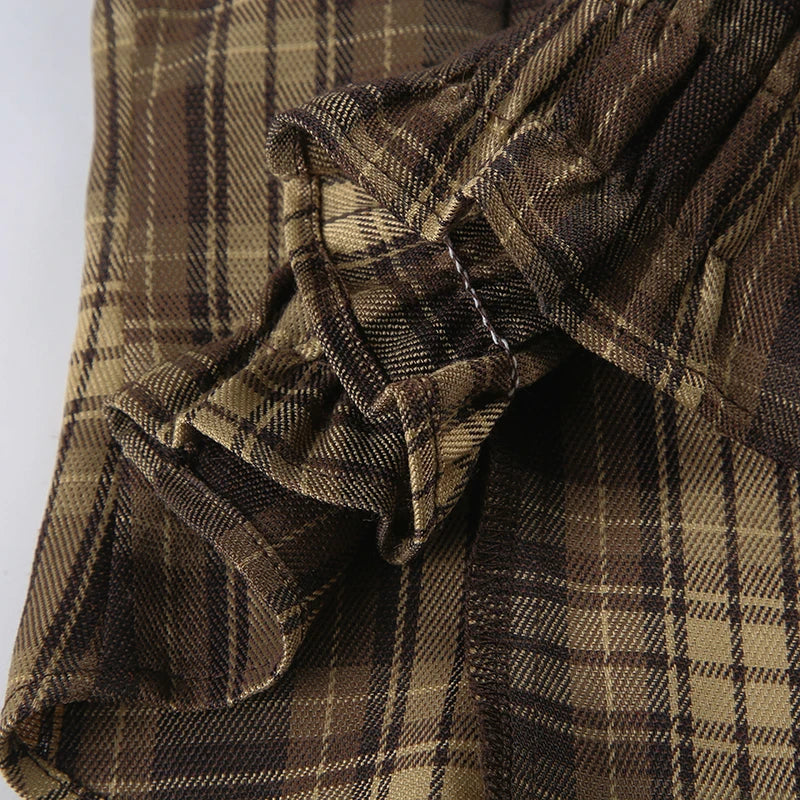 LIZAKOSHT  -  Back Shirred Plaid Blouse Brown French Style Turn-down Collar Single-breasted Shirts Vintage Puff Short Sleeve Tops