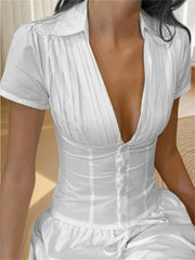 LIZAKOSHT  -  Women Summer Tops Fashion Style V-Neck Button Down Short Sleeve Shirts Casual Chic Blouses New