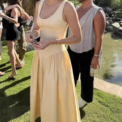 LIZAKOSHT  -  Women Yellow Sexy Elegant Tank Dress O Neck Low Waist A-line Summer Party Dresses Chic Lady Vacation Robe