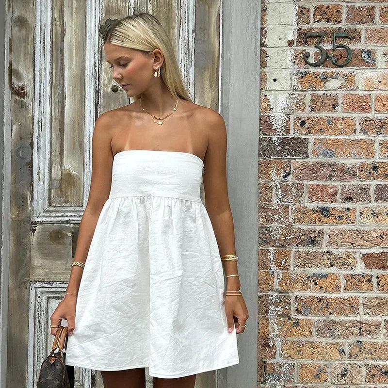 LIZAKOSHT  -  Elegant Solid Strapless Dress Women's Sleeveless Beach Vacation Short Dress Splice Off Shoulder Loose High Waist Clothing