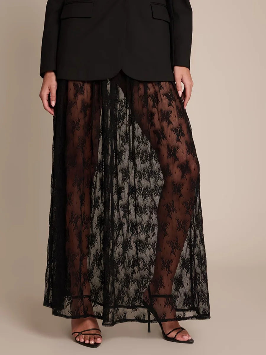 LIZAKOSHT  -  Womens Sexy Sheer Lace Skirt High Waisted Floral Embroidered See Through Ruffled A Line Long Maxi Long Beach Coverup Skirts