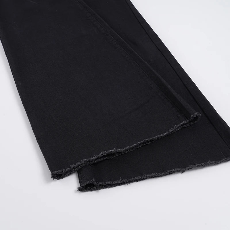 LIZAKOSHT  -  Y2k Heavy Duty Eyelet Belt Flared Jeans Punk Grunge Low-Waist Slim Skinny Denim Trousers Aesthetic 2000s Pants Fashion