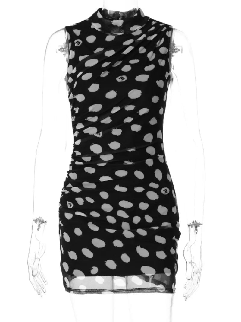 LIZAKOSHT  -  Women Sleeveless Polka Dot Mesh Tank Dress Ladies Chic Half High Collar High Waist Bodycon Short Party Dresses Streetwear