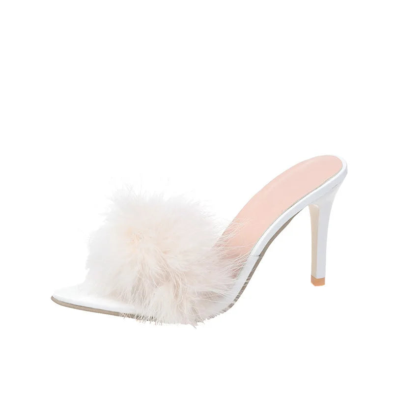LIZAKOSHT  -  41-43 big size fur sandals high heels transparent slippers women brand designer feather sandalias mujer pointy open toe slides