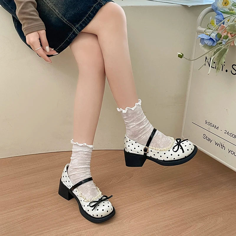LIZAKOSHT  -  Cute Polka Dot Thick Heel Women Mary Jane Shoes Comfort Shallow Strap Pumps Ladies Eelgant Butterfly-knot Dress Single Shoes