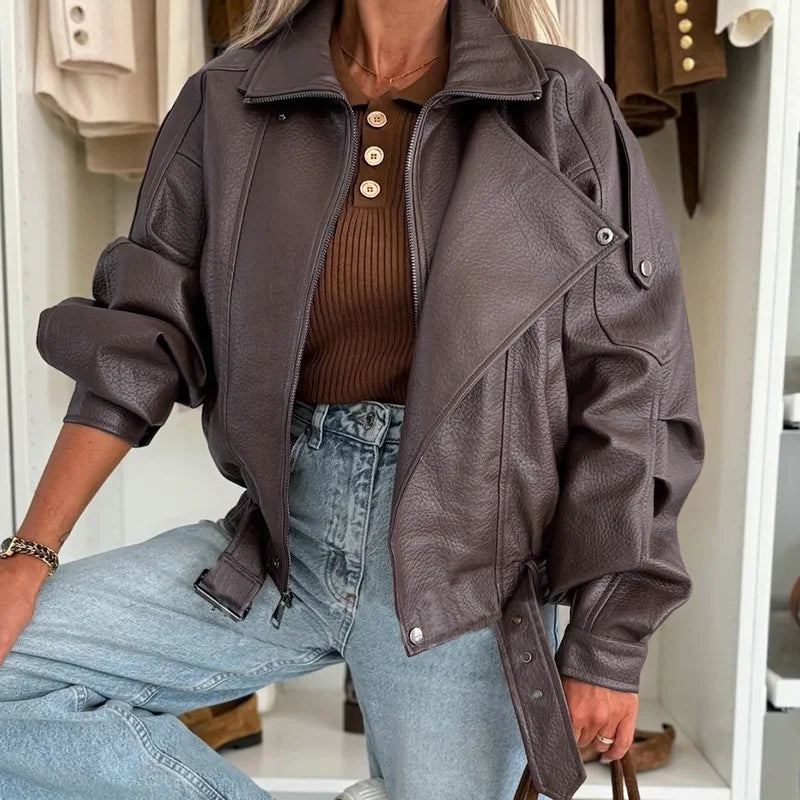 LIZAKOSHT  -  Casual Long Sleeve Solid Street Jacket Women's Elegant Lapel Zipper Loose Short Coats Autumn Winter Fashion PU Leather Outerwear