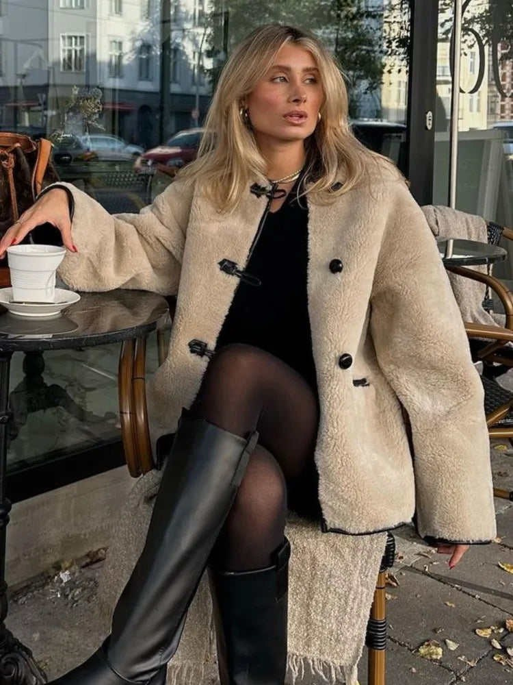 LIZAKOSHT  -  Mid Length Leather Fur One-Piece Jacket Coat Knot Buckle Lamb Faux Fur Overcoat Round Neck Women Classic Two Wear Outwear Top