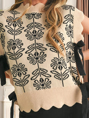 LIZAKOSHT  -  Women s Floral Patterned Knit Vest with Scalloped Trim Crew Neck Side Tie Bow and Sleeveless Design - Stylish Sweater Top