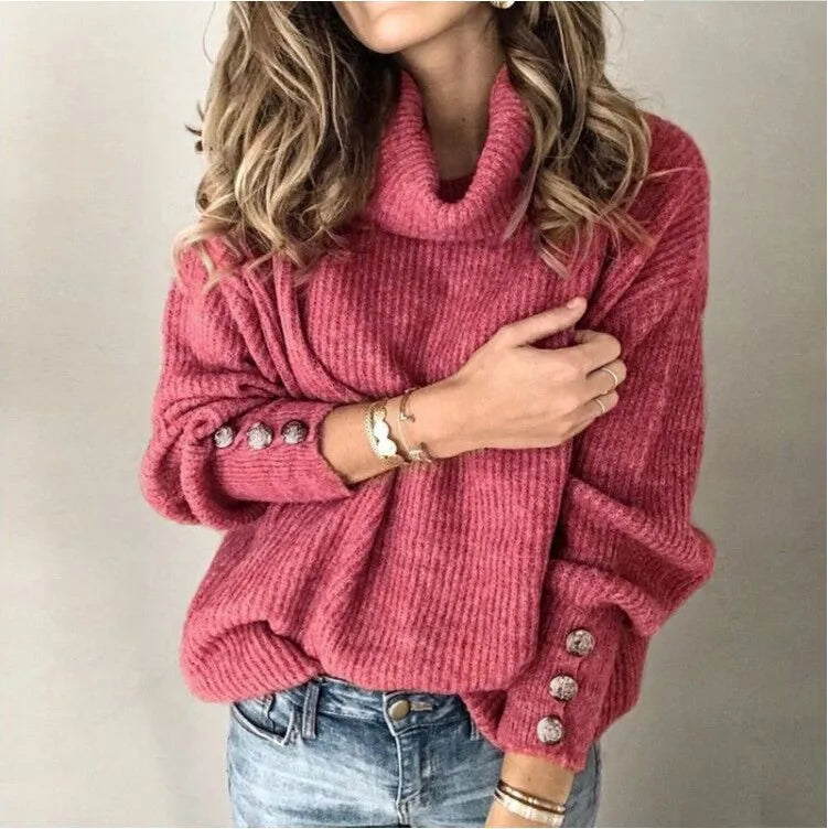 LIZAKOSHT  -  Solid Color Fashion Autumn Winter Women's New Button Hoodie High Collar Knitted Shirt Casual Comfortable Long Sleeve Top