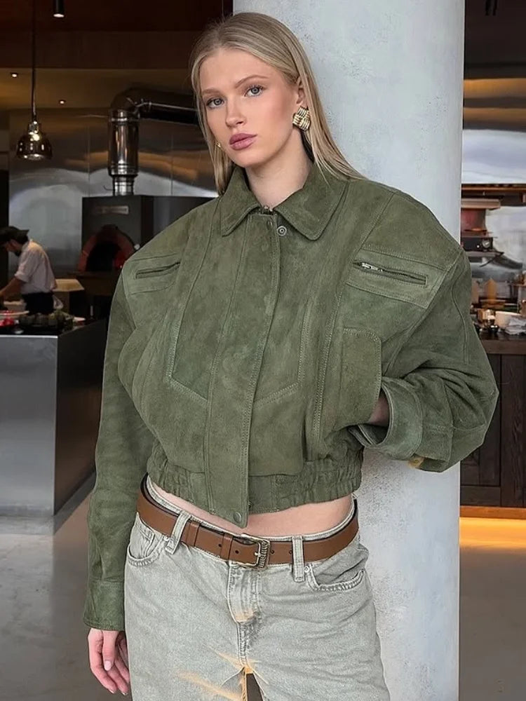 LIZAKOSHT  -  Elegant Camel Cropped Suede Jacket Women Lapel Full Sleeve Pocket Zipper Short Coat New Causal Autumn Lady Daily Streetwear 2025