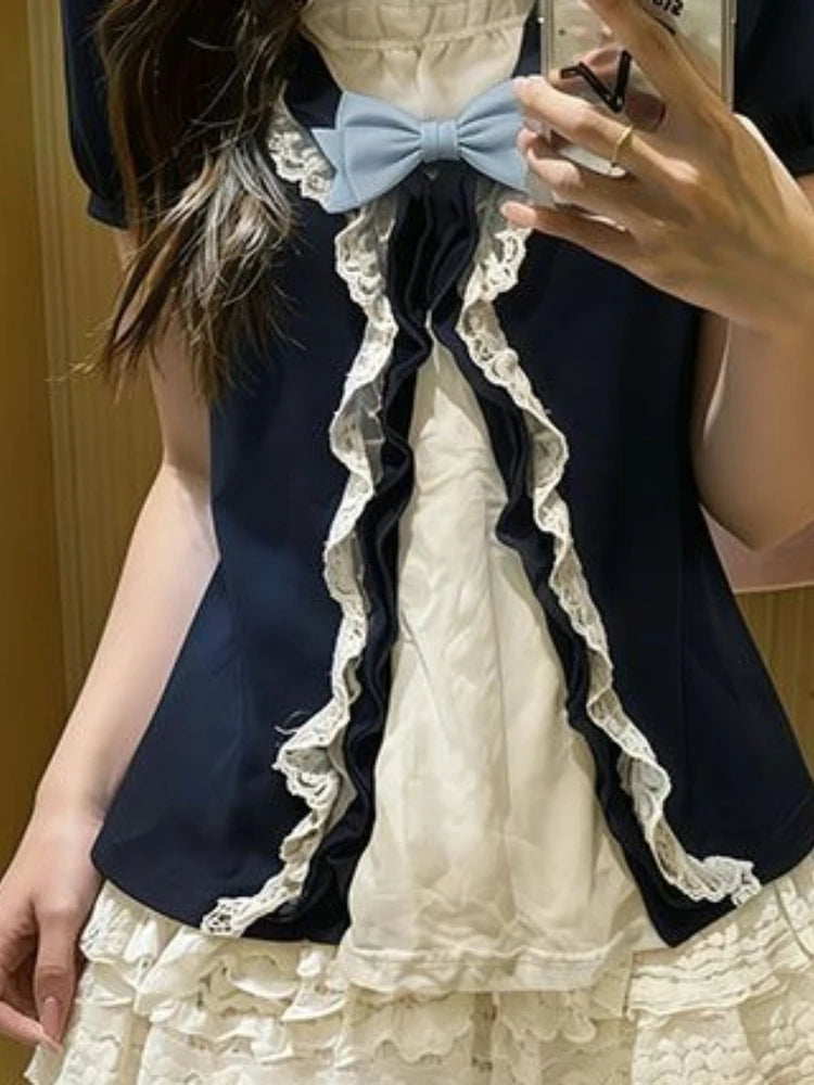 LIZAKOSHT  -  Japanese Sweet Preppy 2 Piece Set Women Navy Bow Cardigan + High Waist Lace Tiered Cake Mini Skirt Summer Casual Fashion Outfit