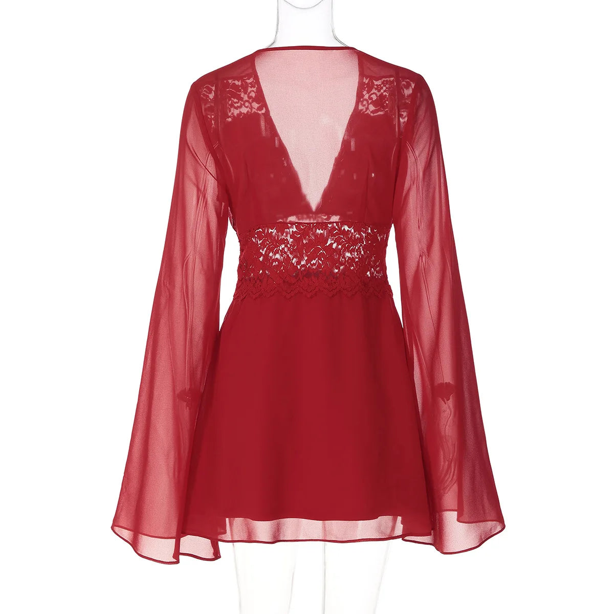 LIZAKOSHT  -  Summer Fashion New Women's Elegant Design Dress with Hollow V-neck Mesh Waist and Trumpet Sleeves Spicy Girl Dress
