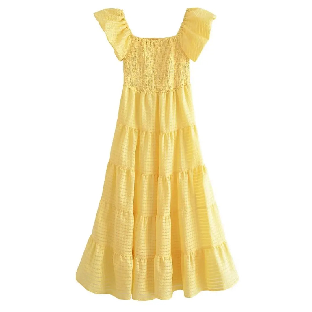 LIZAKOSHT  -  Europe and America Wind Spring Women's New Yellow V-neck Printed Short-sleeved Dress Fluffy Skirt