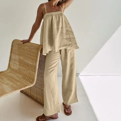 LIZAKOSHT  -  Casual Cotton Women Solid Color 2 Piece Set Outfit Spring Spaghetti Strap Loose Top and High Waist Straight Trousers Female Set