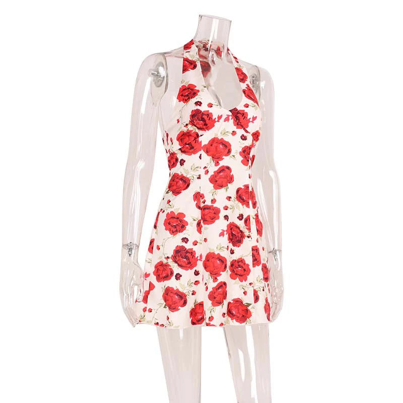 LIZAKOSHT  -  Halter Floral Printing Sleeveless Backless Sexy Vintage Club A-Line Mini Party Dress Temperament Fashion Women Vestidos