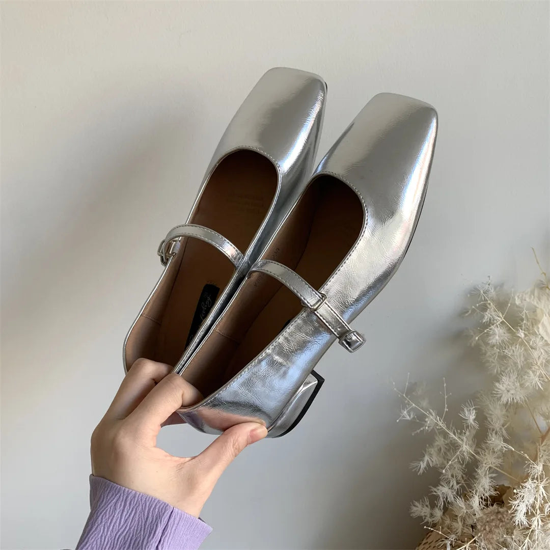 LIZAKOSHT  -  Strap Women flats square toe silver leather loafers shoes for women ladies mary janes shoes thick heel zapatos mujer