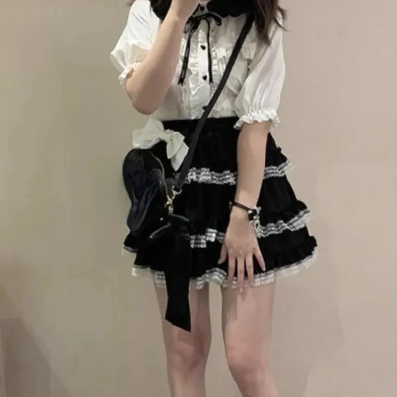 LIZAKOSHT  -  Harajuku Sweet Lolita A-line Skirt for Women Y2k High Waist Ruched Lace Cake Skirts Summer New Pink Faldas Mujer