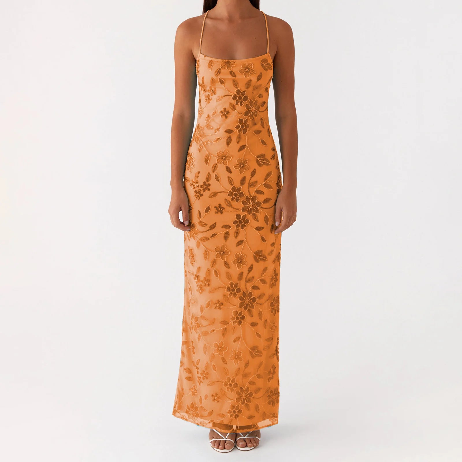 LIZAKOSHT  -  Women Summer Glitter Sequin Beaded Flower Cami Dress Slim High Split Spaghetti Strap Open Back Long Dresses for Party Club