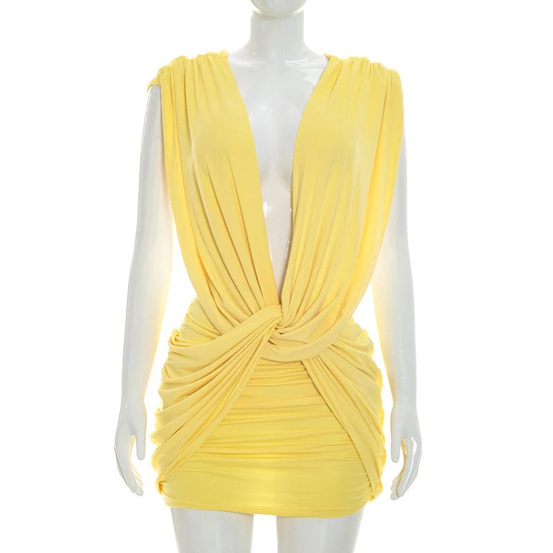 LIZAKOSHT  -  Elegant Pleate Fit Sleeveless Mini Dress Sexy Deep V-Neck Cross Knot Club Party Dress Casual Solid Off Waist Hug Hig Short Dress