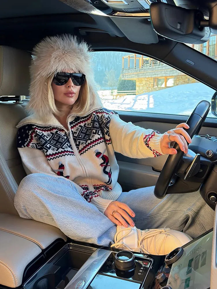 LIZAKOSHT  -  Winter Women's Knit Ski Striped Printed Sweater Slim Contrast Hlaf-zip Long Sleeve Skiwear Pullover Spring Lady Knitwear