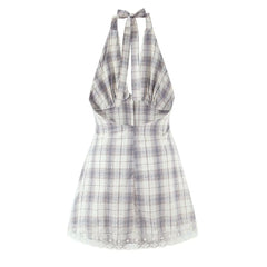 LIZAKOSHT  -  Sexy Front Open Buttons Plaid Spliced Lace Tie Bow Halter V Collar Mini Dress Women No Back Backless A-line Short Dresses Robe