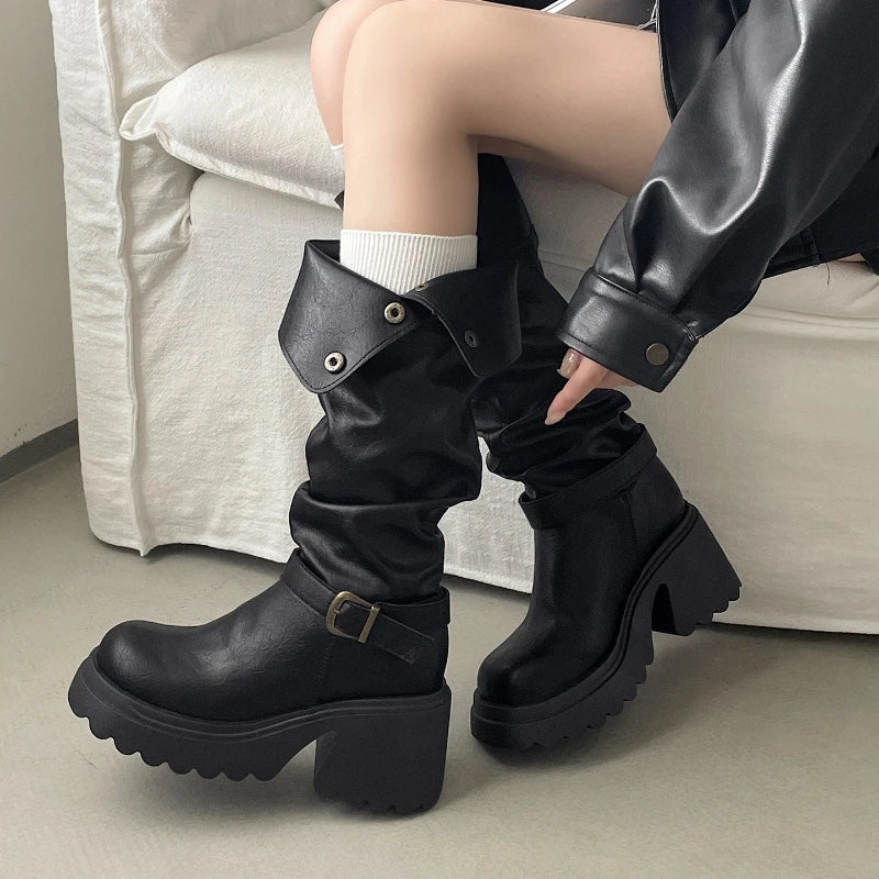 LIZAKOSHT  -  Winter Punk Style Woman Platform Knight Boots Fashion Belt Buckle Shoes Ladies Concise Height Increase Long Booties
