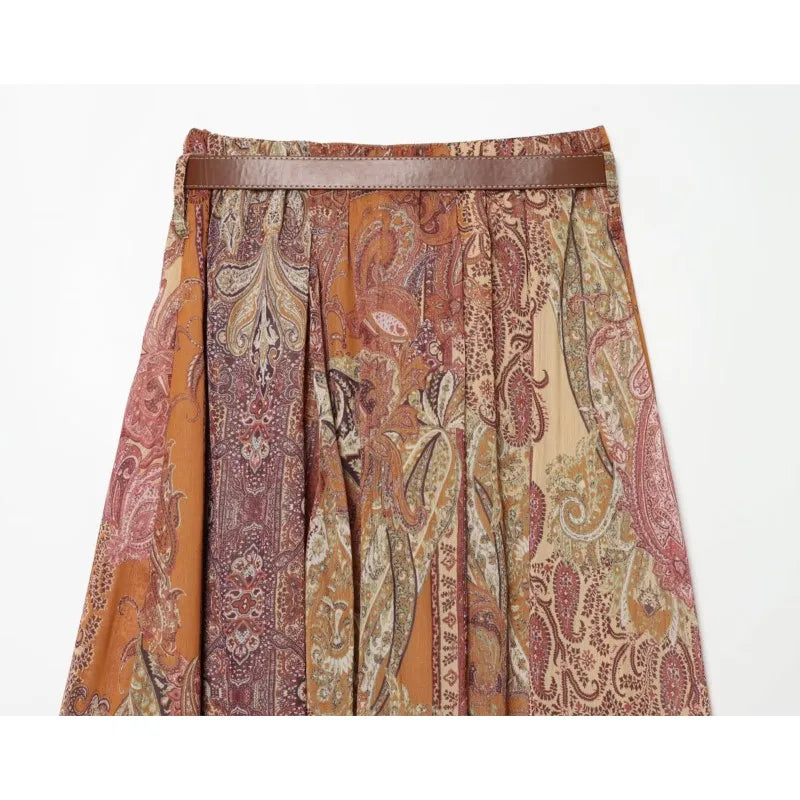 LIZAKOSHT  -  Women's Printed Midi Skirt with Belt New Spring Summer Casual Elastic Waist A-Line Elegant Lady Skirts Female Chic Skirts