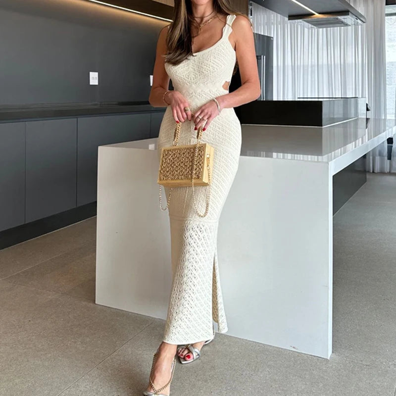 LIZAKOSHT  -  Summer Hollow Backless Knitted Dress Women Sexy Off Shoulder Slim Split Long Dress Casual Vacation Sleeveless Beach Dresses