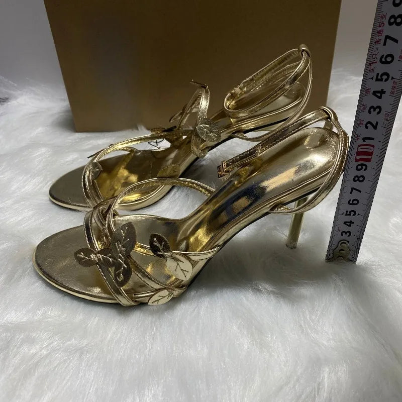 LIZAKOSHT  -  Luxury Gold Leafs High Heels Party Wedding Shoes for Women Sexy Ankle Strap Brand Dress Stilettos Open Toe Ladies Modern Sandals
