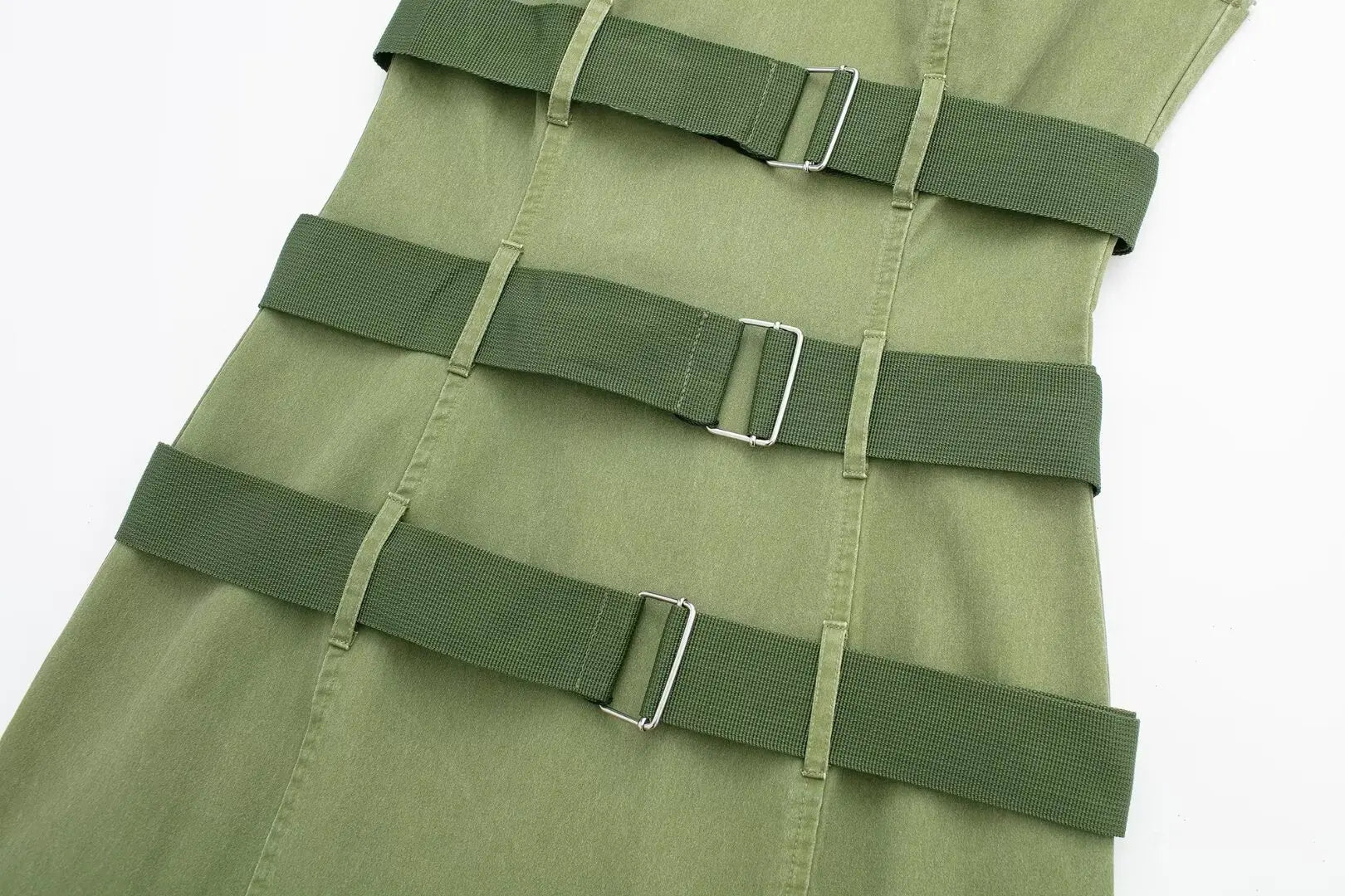 LIZAKOSHT  -  Europe and America Wind Spring New Round Neck Leisure Green Fashion with Belt Sleeveless Tooling Vest Skirt Dress