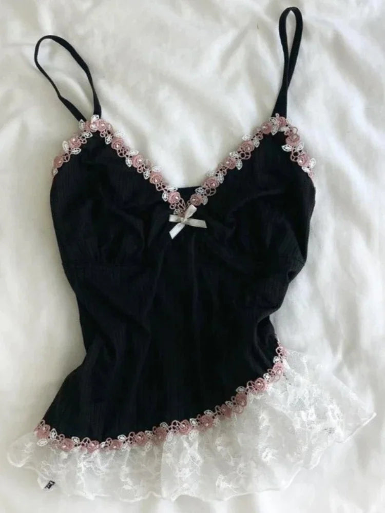 LIZAKOSHT  -  Women Clothing Temperament Vest Crop Tops Patchwork Gauze Sweet Floral Camis Sleeveless Irregular Chic Summer Tanks Ropa Mujer