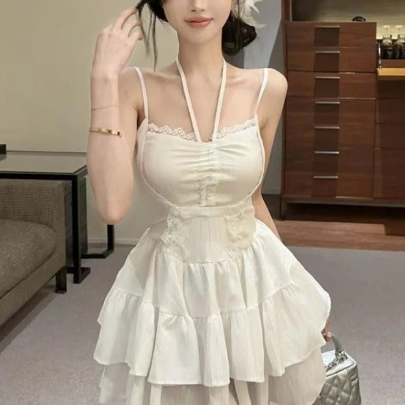 LIZAKOSHT  -  Red Lace Patchwork Design Strappy Dress Women New Summer Korean Style Fashion Evening Party Outfits Y2k Causal Dresses New