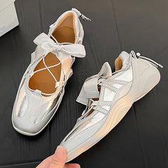 LIZAKOSHT  -  Crossed-tied Sneakers For Women Butterfly-knot Round Toe Low Heel Female Shoes Solid Color Sliver Black Leisure Designer Brand