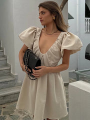 LIZAKOSHT  -  Sweet Solid Puff Short Sleeve Women Mini Dress Elegant V-neck Backless Pleated A-line Dresses 2024 Summer Lady Party Club Robes