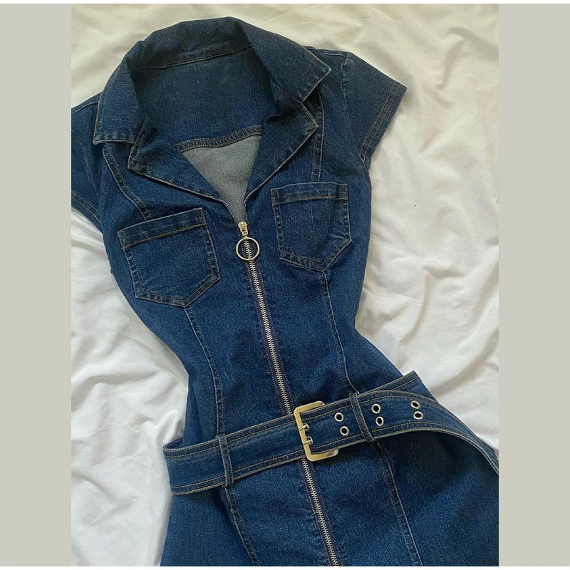 LIZAKOSHT  -  Fashion Denim Short Dress For Women Turn-down Collar Sleeveless Zipper Belt Vestidos 2025 Summer Elegant Female Casual Dresses