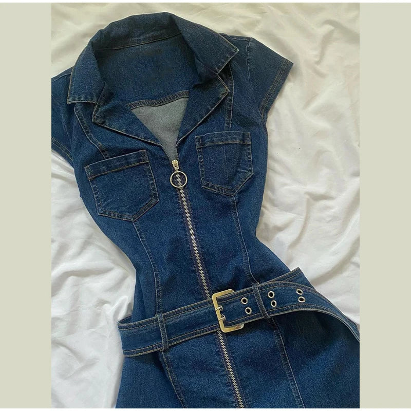 LIZAKOSHT  -  Fashion Denim Short Dress For Women Turn-down Collar Sleeveless Zipper Belt Vestidos 2025 Summer Elegant Female Casual Dresses